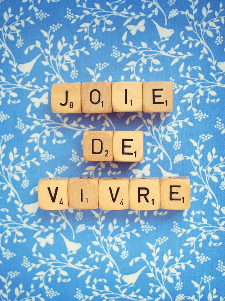 Joie De Vivre. Art Print. Scrabble Blocks. Fine Art Photography. Wall Art. Blue Little Birds. French Words. Size A4