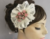 Bridal Lace Fascinator, Pink Flower Decorated, Handmade White Weddings Head Piece.