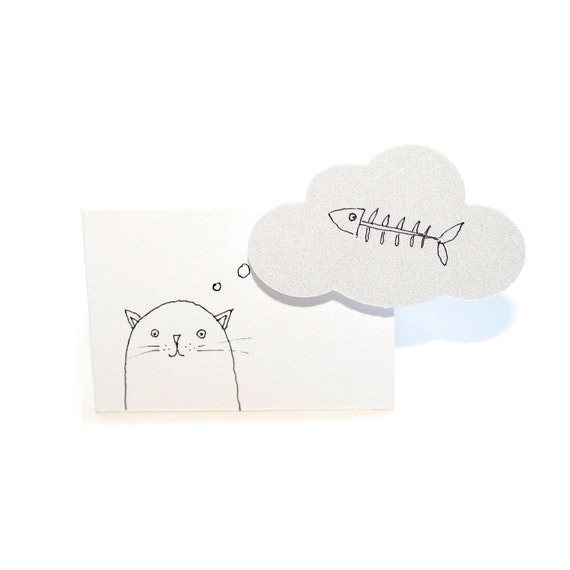 Tiny Miniature Greeting Card & Envelope, Miniature Art, Cat Daydream, Cat Illustration, Fish, Miniature Art, Miniature Illustration, Poosac - poosac