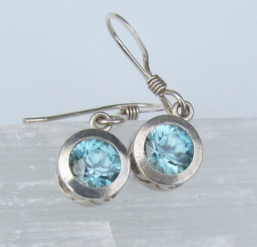 Natural Blue Zircon Dangle Earrings in Round by PristineJewelry