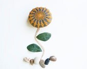 Crochet lace beach stone, summer gold sunflower, dark river rock, wedding decor, shabby chic, housewarming gift