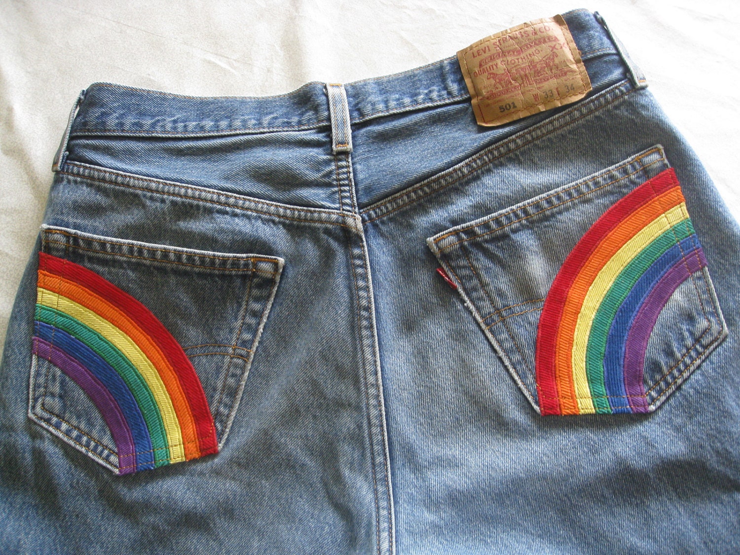 Hippie rainbow jeans/upcycled Levi's 501 jeans/waist by BohoRain