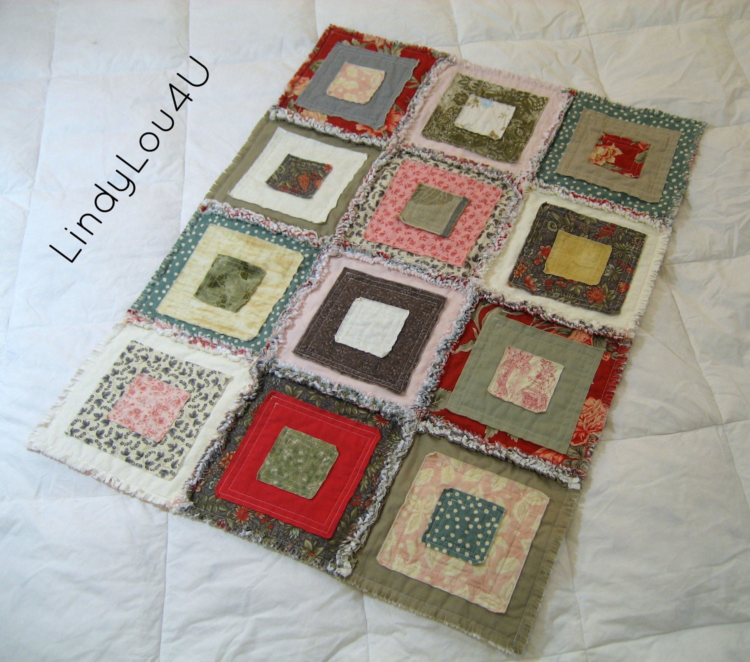 Pet Blanket - Handmade -  Home Decor - Pet Quilt - Gladdy Tatty Rectangle - Shabby Chic Red Floral Taupe Gray Pink Teal