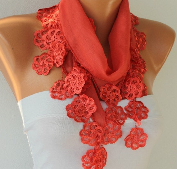 Women Scarf  - Cotton Scarf -  Cowl Scarf  with Lace  Edge - Red
