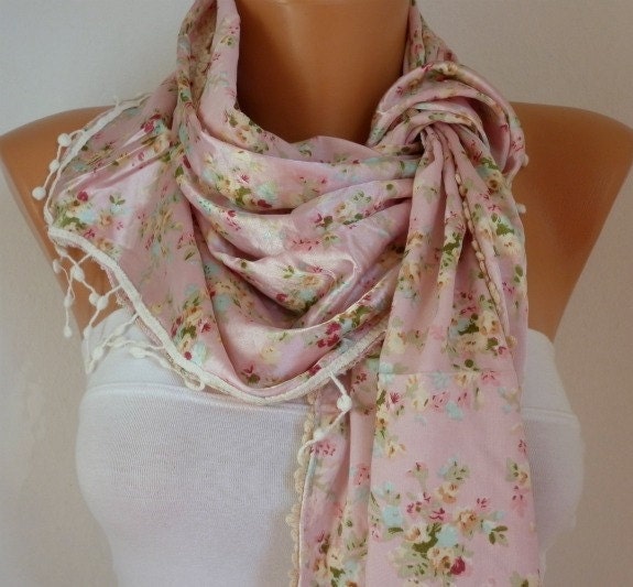 Women  Shawl Scarf -  Cowl Scarf  with Lace Edge - Pink
