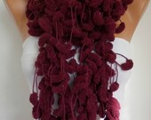Burgundy  Scarf Knit Scarf  Pompom Scarves  - Knitting Cowl  Crochet Scarf - Burgundy