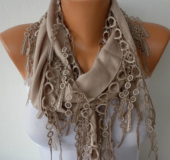 Beige Scarf  -  Pashmina Scarf  - Cowl Scarf - Shawl with Lace Edge - Dark Beige