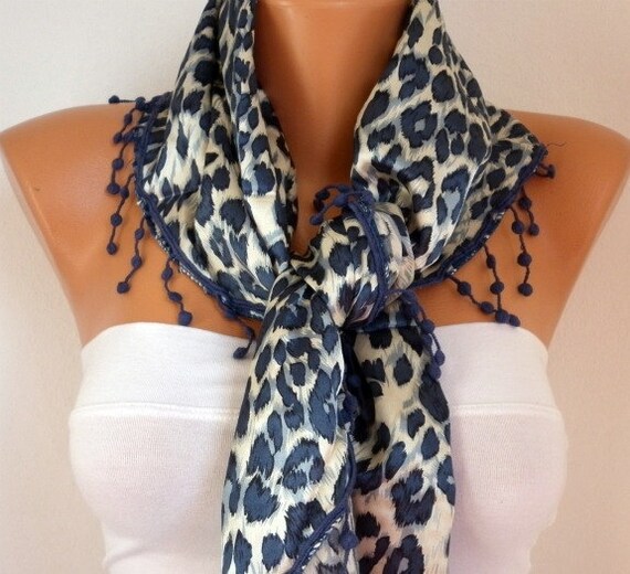 Leopard Women Scarf - Cowl with Lace - Air Force Blue