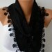 Black Scarf   Pashmina  Scarf   Cowl with Lace Edge   - fatwoman