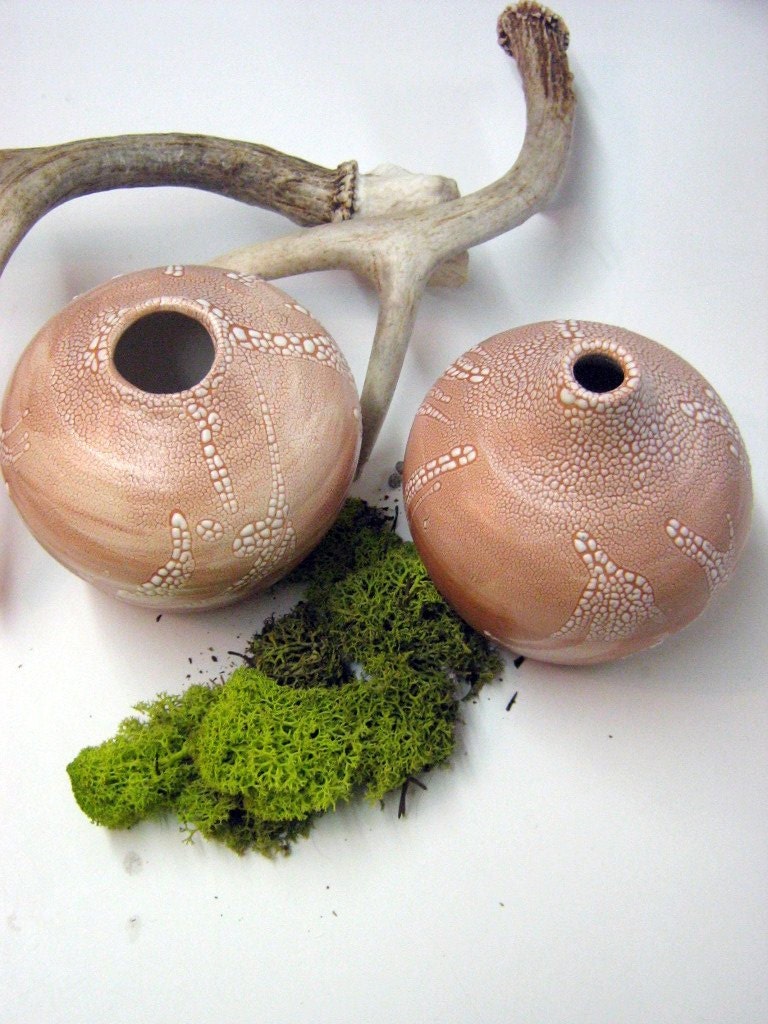 Handmade pottery  2 adobe vases with white crawling glaze perfect for your home decor very mod - Marengerpottery