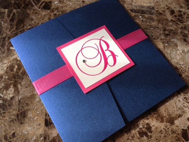 Blue and pink pocketfold wedding invitation