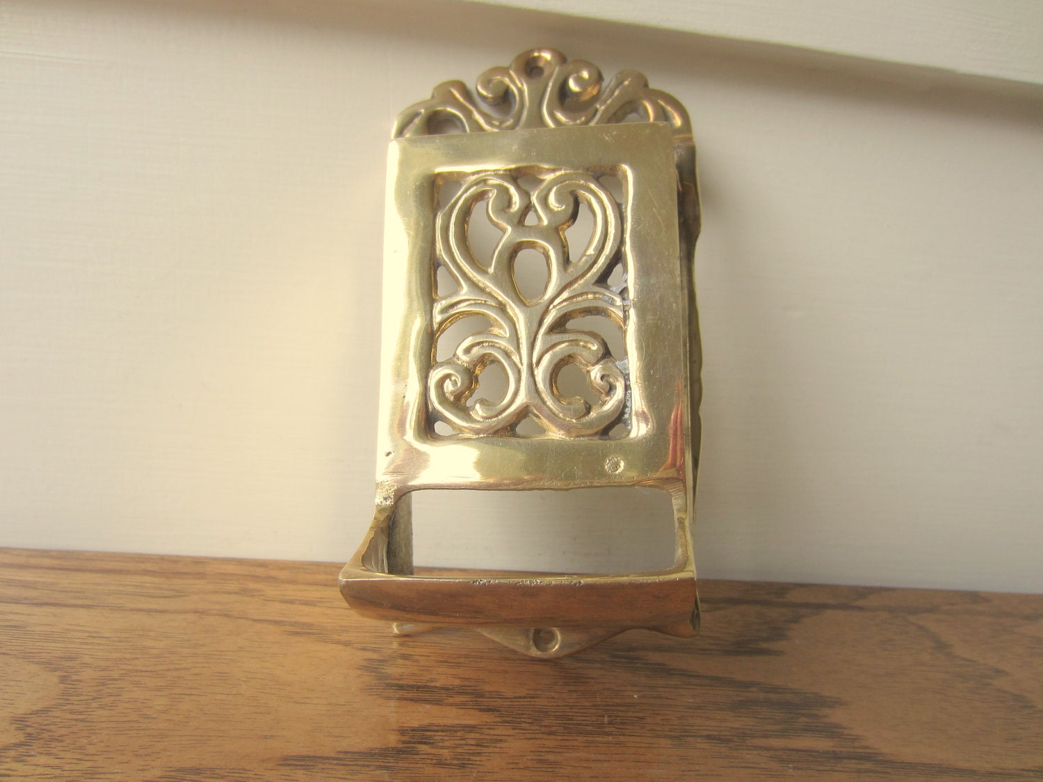 Brass large match box holder.  Hanging brass match box holder.  Kitchen decor.  Fireplace decor.