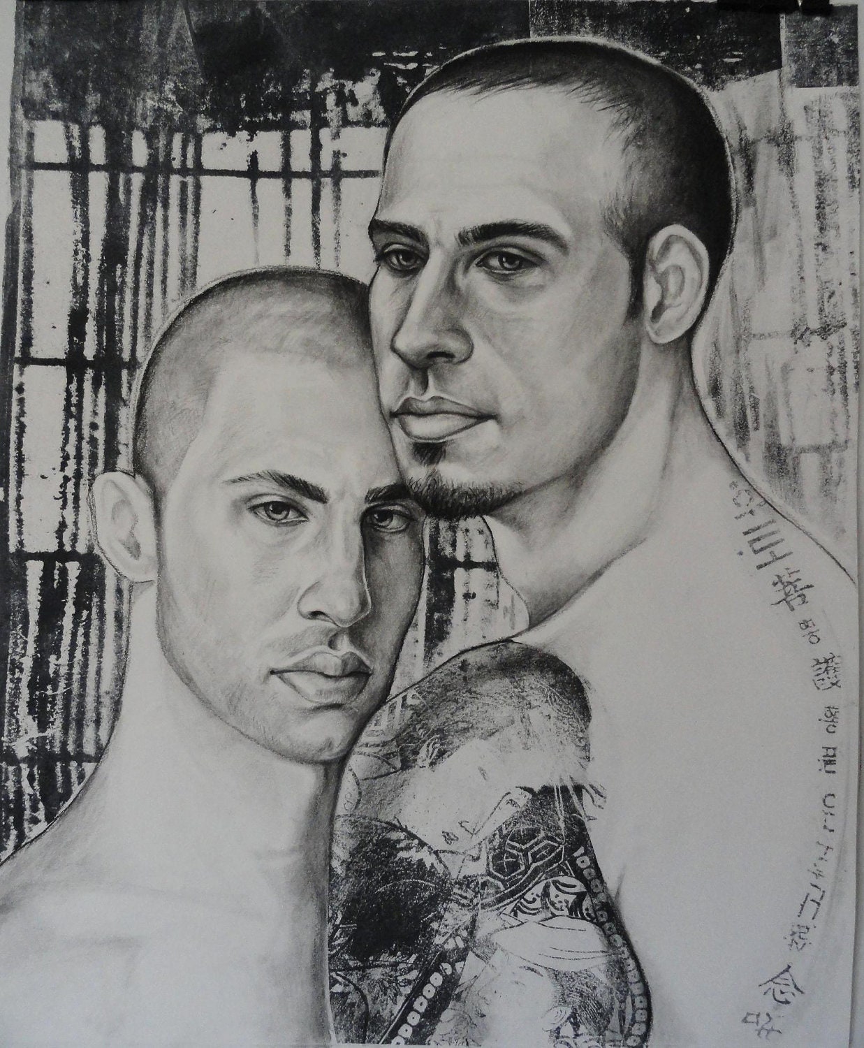 50 % OFF Original Mixed Media Portrait Drawing Gay Male Couple with Tattoos in an Urban subway.