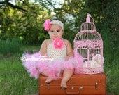 Ivory Hot Pink Glamour victorian teaparty crochet tutu birthday dress and headband Photo Prop Baby shower gift