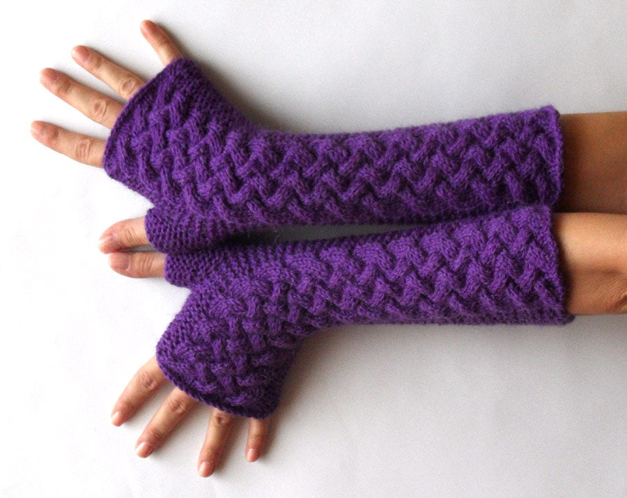 Knit Fingerless Gloves Wool Arm Warmers Purple Hand Warmers Winter Women's Fingerless Mittens Knit Cable Gloves - KG0036 - Aimarro