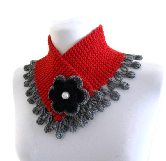 knitted neck warmer, knit collar, winter, hand-knitted, fashion,red and greey,christmas gift