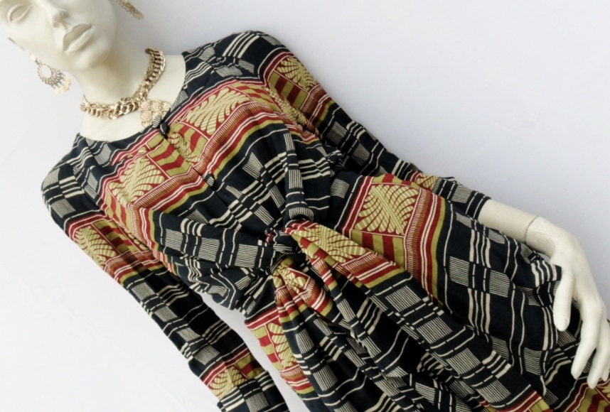 Vintage CHRISTIAN LACROIX IKAT Print Tie Waist Sash Gown Maxi Dress Tribal Inspired Size 40