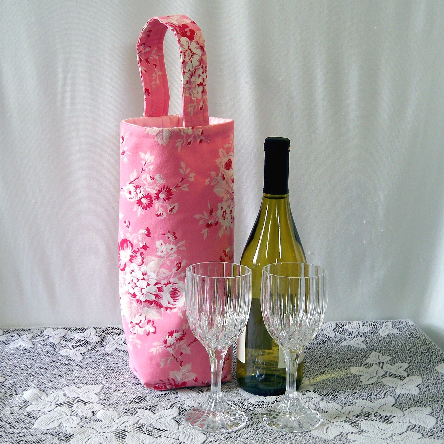 Wine Bottle Cozy Tote Bag Pink Floral Reusable Insulated Wine Bag Pink White Roses Flowers Designer Fabric Pink Roses
