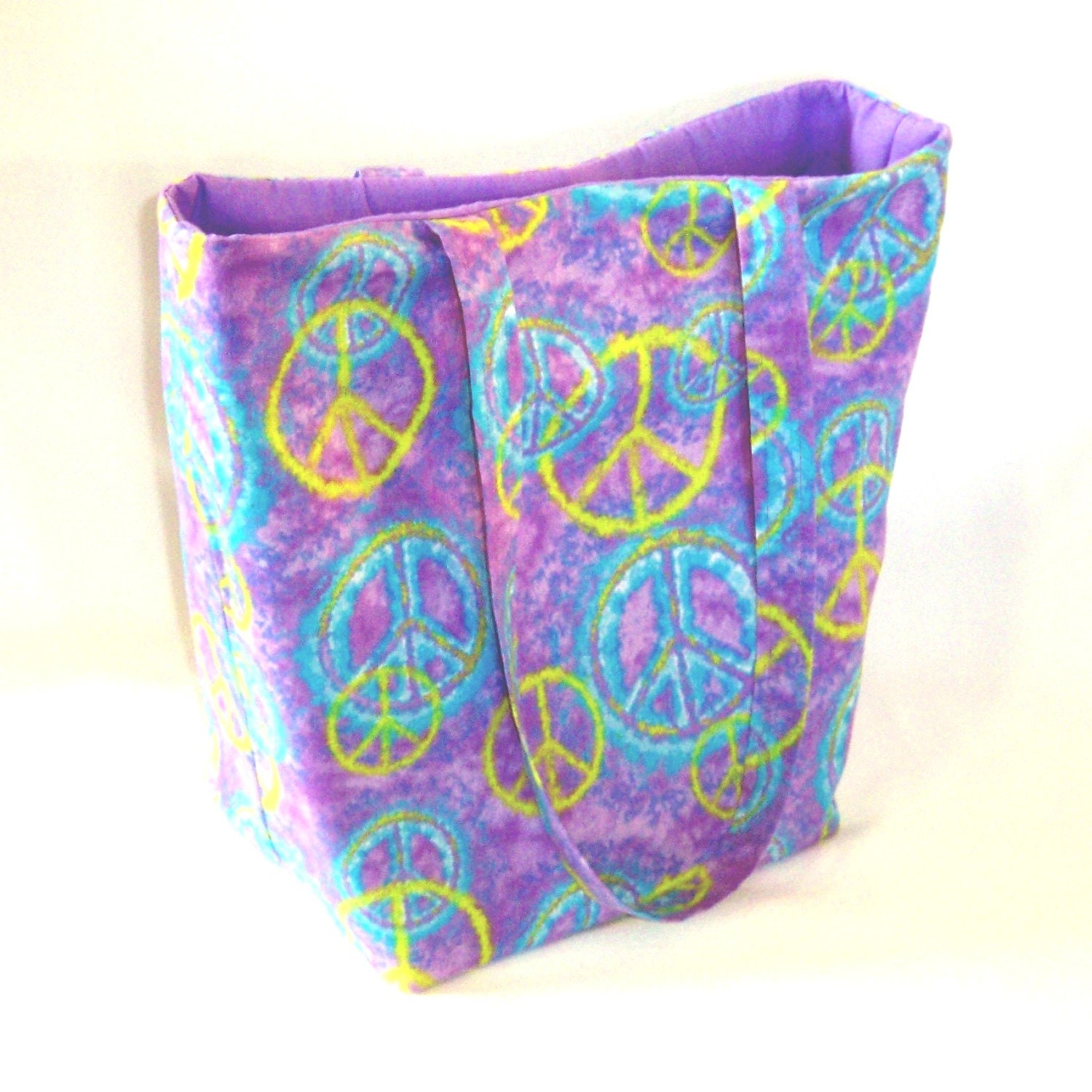 Purple Peace Sign Tote Bag Purse Fabric Bag Lavender Neon Green Turquouse Blue Tie Dye Shoulder Bag Hippie Bag Large Bag