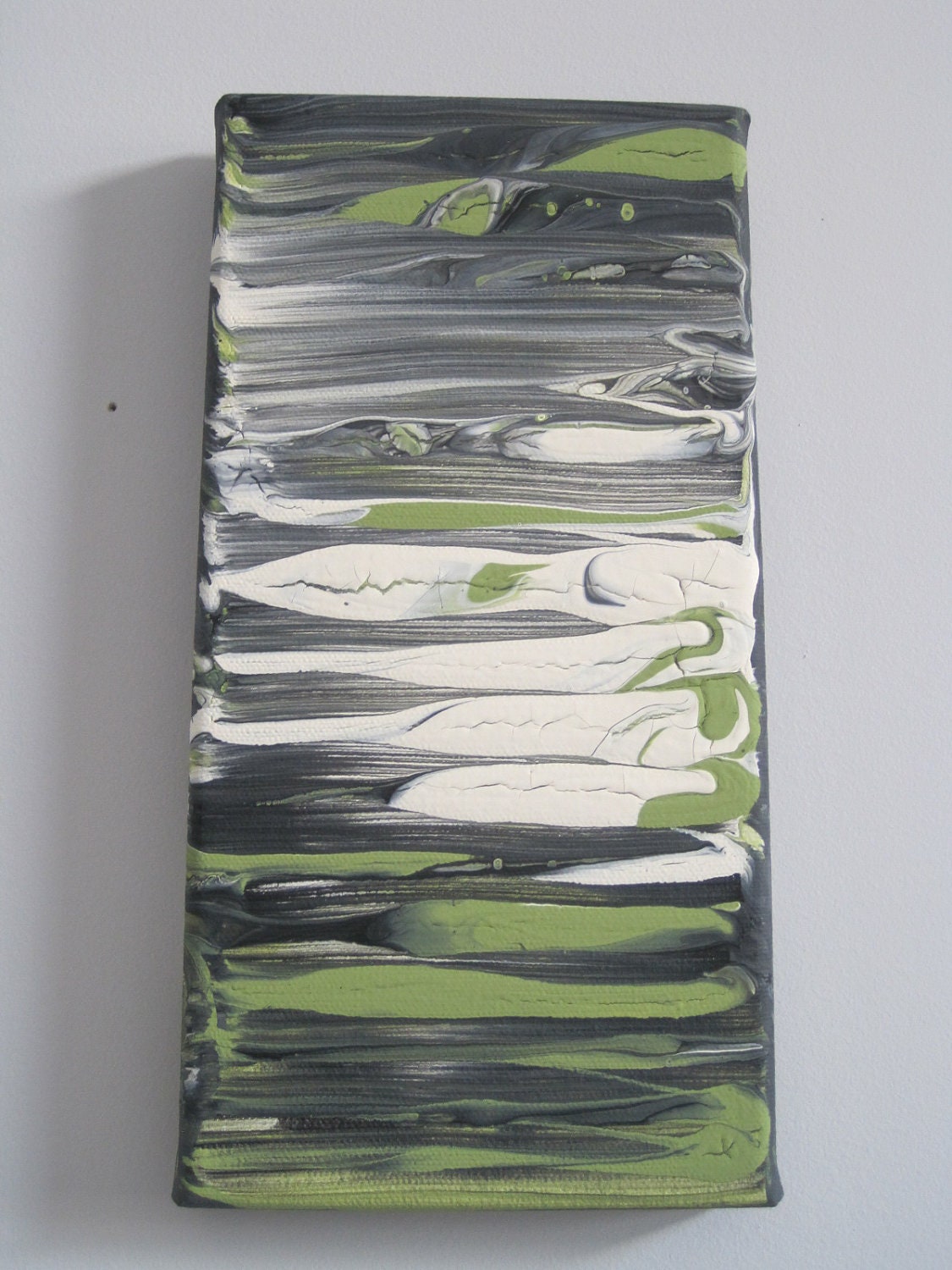 Light Green/Black/Vanilla White small acrylic abstract painting 5"x10"