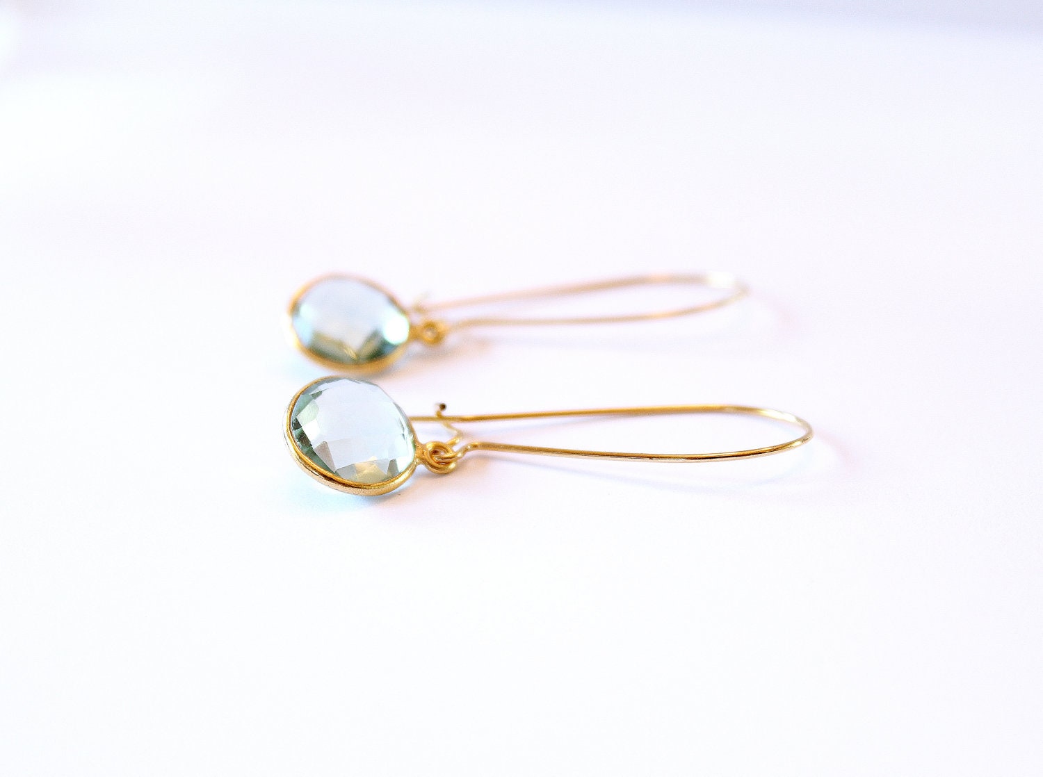 22k Gold Vermeil Bezel Set Framed Green Amethyst Long Earwire Drop Earring