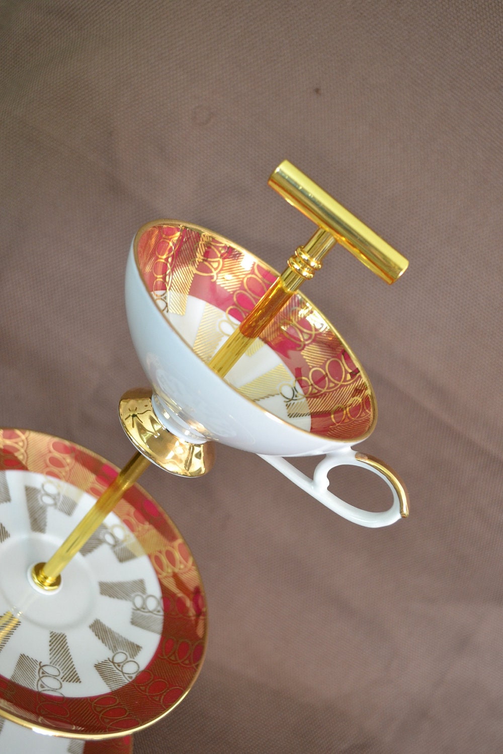 Red and Gold Vintage China Jewelry Tidbit Tray Stand FREE Shipping