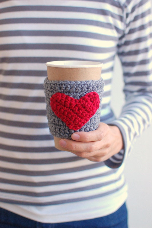 Coffee coozie Gray with red heart by the Cozy Project