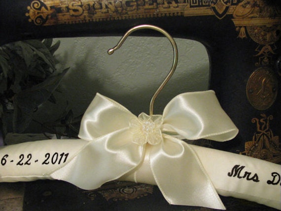 Embroidered Wedding Hanger in Ivory Cream Satin with Ivory Satin bow