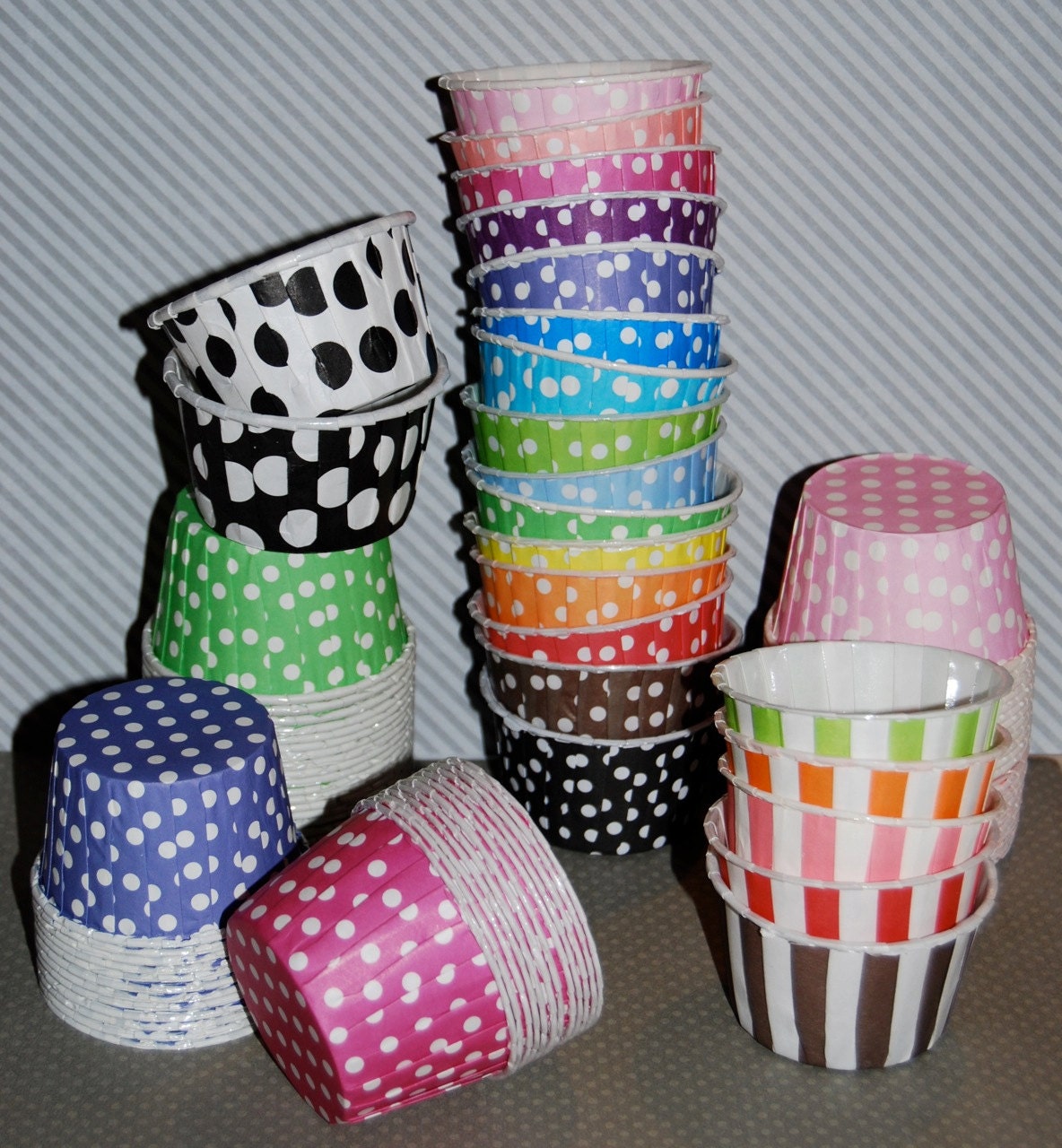 60 Treat Portion Candy Nut  cups - Paper Polka Dot Stripe party Baking cupcake liners  muffin cups Ice cream  dessert cups - YOU PICK COLORS