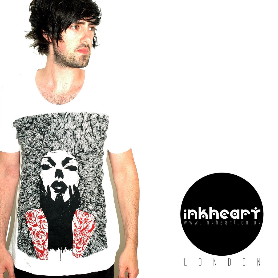 T Shirt - Black, White & Red Tatooed Rose - Limited Edition Original Illustration - Scoop Neck 100% Cotton T