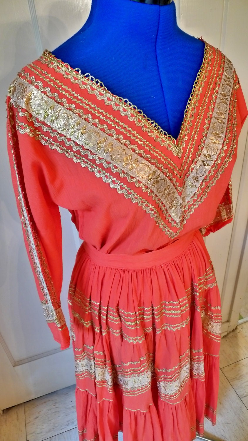 Vibrant 1950s Squaw Set or Patio Set in Salmon Pink with Gold--S,M