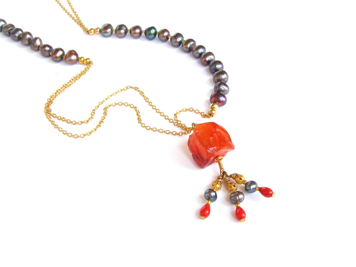 Asymmetrical Autumn Necklace : Peacock Pearl Long Necklace, Red Coral, Carnelian, Fall Fashion, Fall Jewelry, Autumn Jewelry, Orange Black - NaturalGorgeous