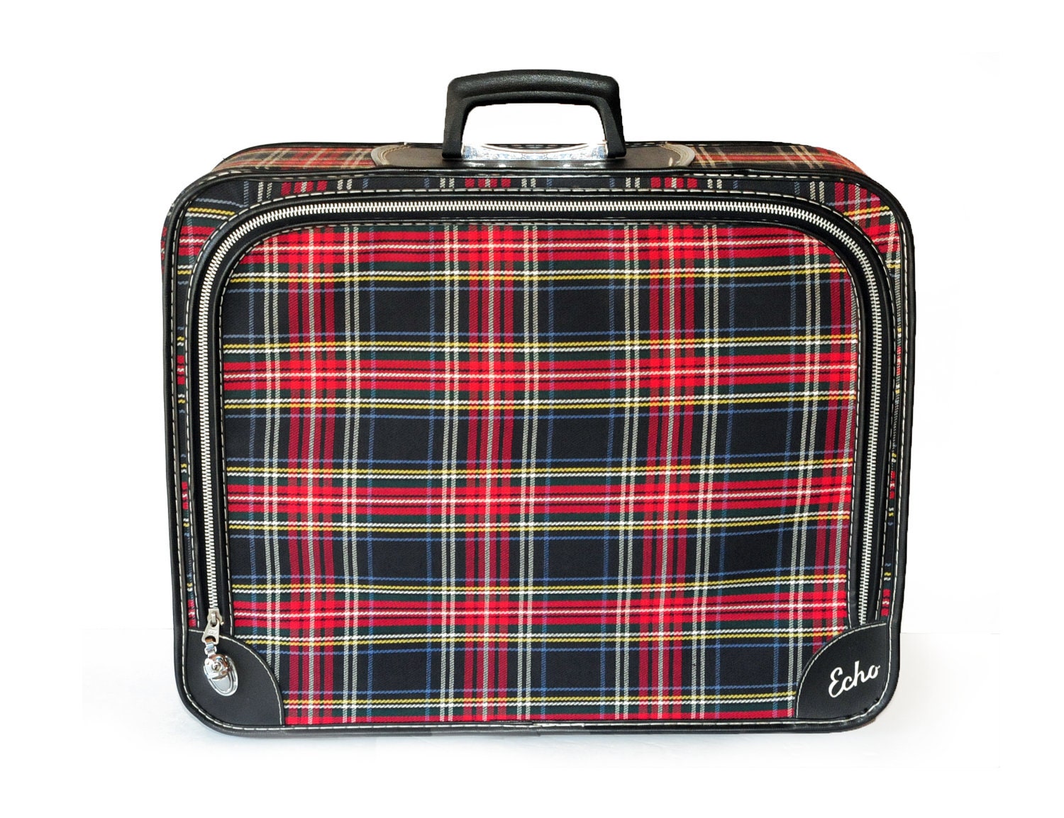 Vintage Echo Plaid suitcase, luggage,excellent inside and out, kitschy, retro,red,yellow,black,purple