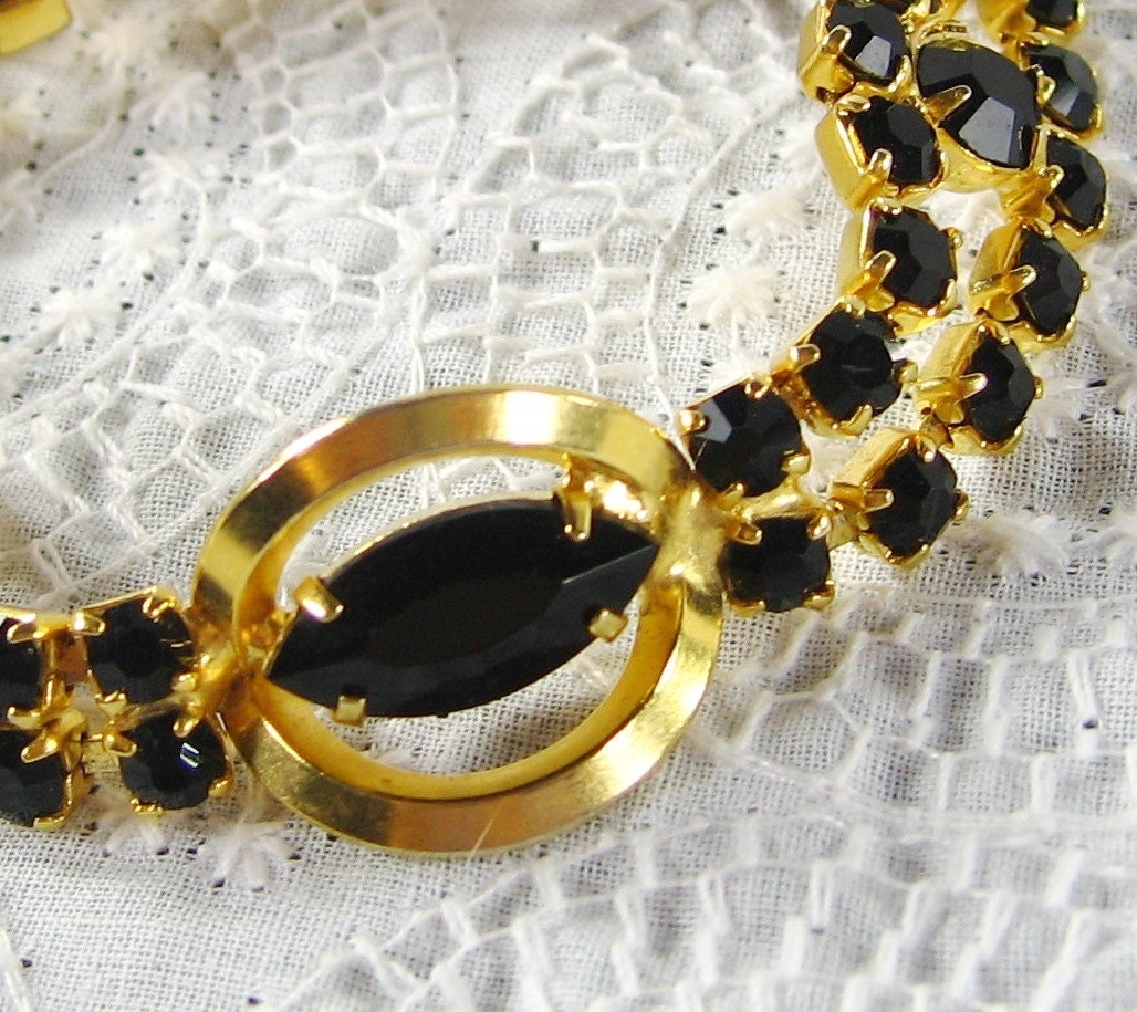 Vintage Rhinestone Bracelet, Black Glass Crystals, Double Row, Multi Strand, Gold Tone, 1950s 1960s Mad Men, Wedding Bridal Jewelry