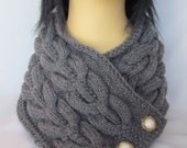 Hand-knitted Grey Scarf / Neck Warmer / Wrap / Cowl with Beautiful Ornament