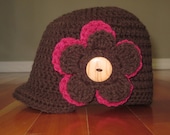 Crochet Beanie with Brim & 3 Flowers (Newborn, 3-6 month, 6-12 month sizes) - newborn, child, girl, women, knit, hat