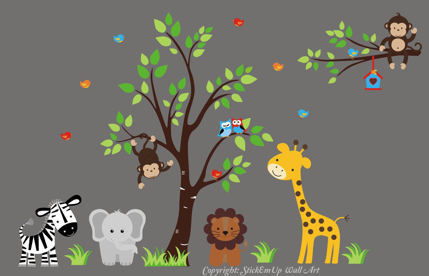 Nursery Wall Decal Tree with Giraffe. Elephant, Lion, Zebra, Monkeys, Branch, Owls - Baby Wall Decal - 197