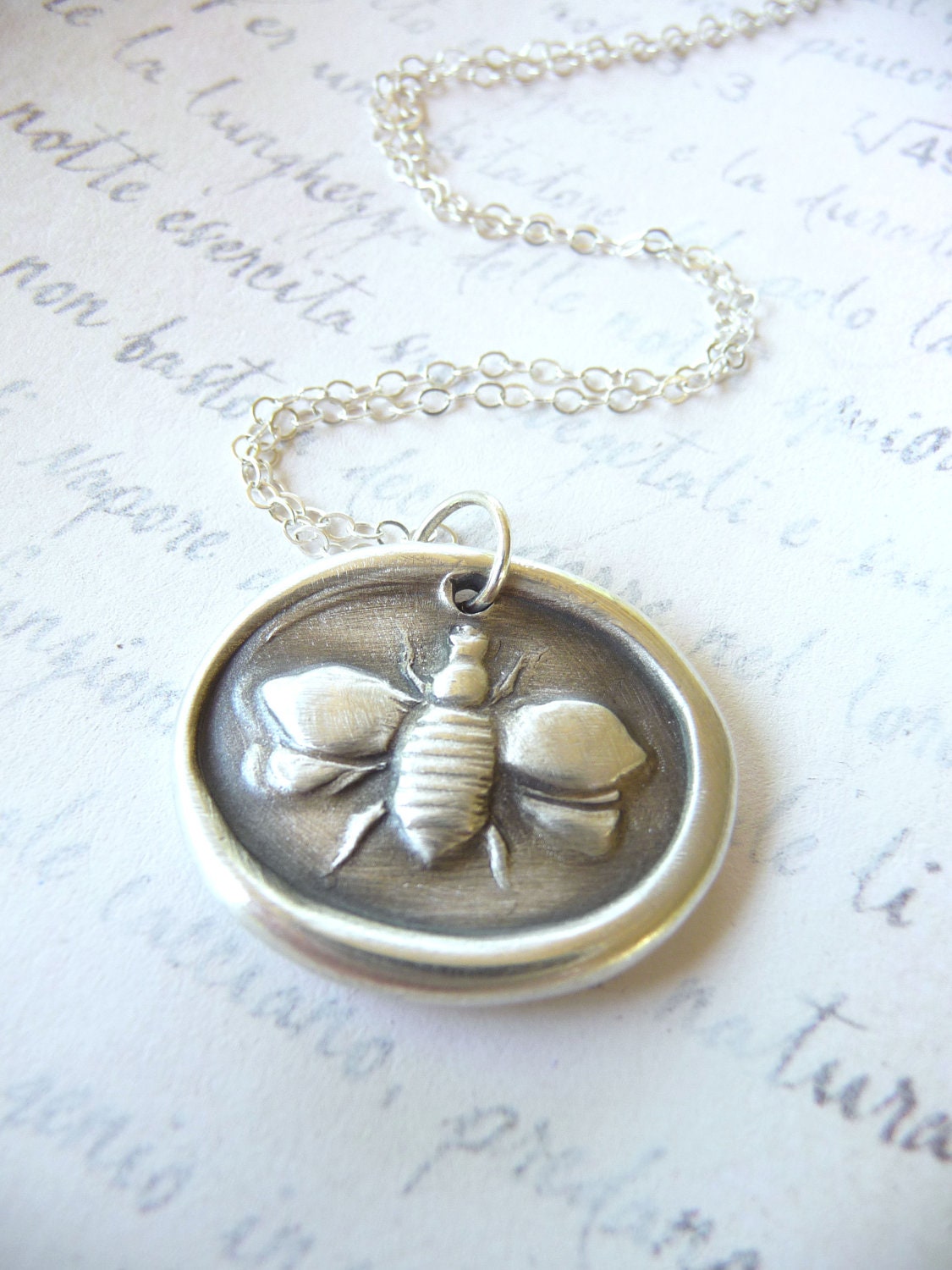 Bee wax seal necklace pendant jewelry, made from reclaimed fine silver