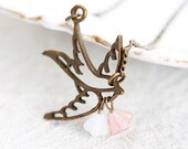 Flying Bird Necklace White Peach Flowers Swallow Necklace Floral Sparrow Charm Autumn Fall Bird Jewelry - N239