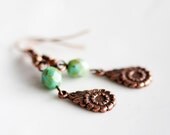 Brown Floral Drop Earrings Green Beads Chocolate Brown Flower Earrings Bohemian Jewelry - E224