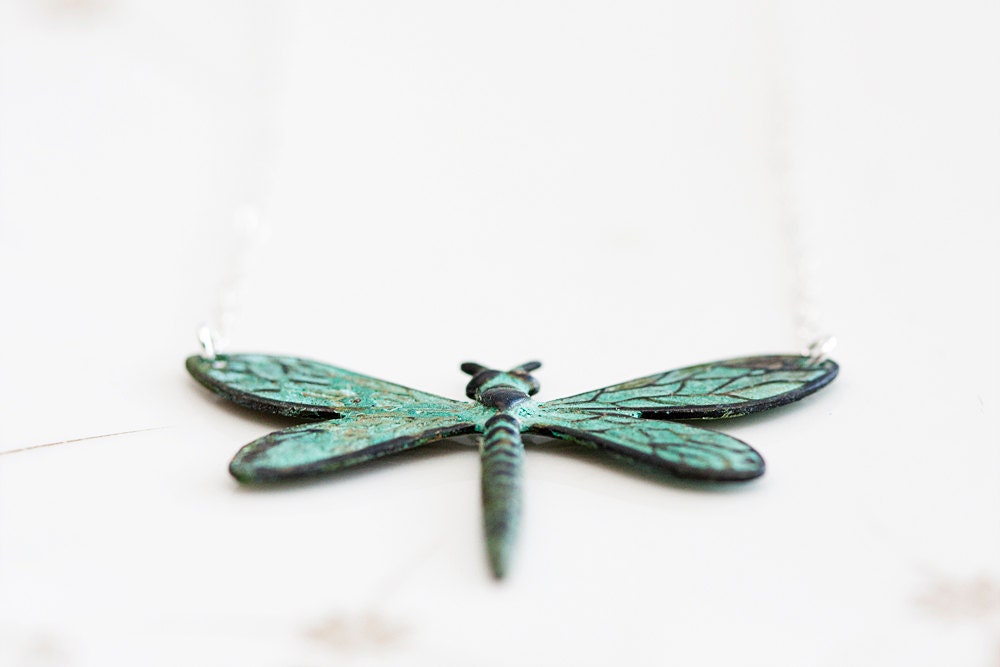 Patina Dragonfly Necklace Sterling Silver Chain Teal Green Dragonfly Charm Mint Turquoise Insect - N251