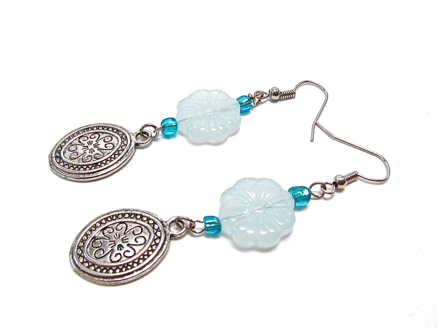 Blue Glass Flower and Pewter Oval Medallion Earrings - Silver Gray with Dark and Light Blue - Vintage Inspired Earrings - Feminine Jewelry