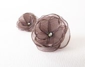 Taupe flower earrings Organza & Swarovski LIMITED EDITION by Jye, Hand-made in France
