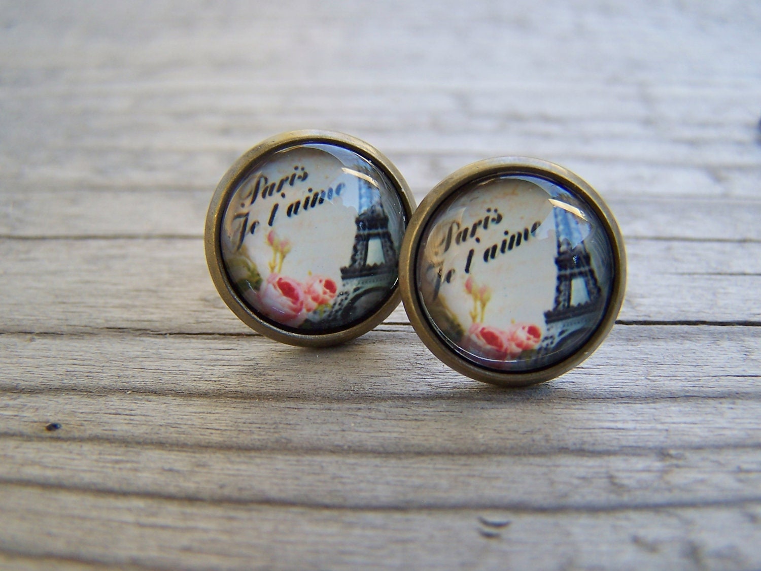 Glass Dome Earrings 12mm Post Paris Eiffel Tower Romance
