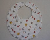 Baby bib, four soft layers, reversible, white with tiny baby items