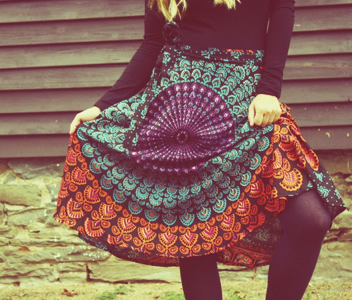 Bohemian Wrap Skirt, Peacock Print Hippie Skirt, Cover-Up, Boho, Gypsy, Moon Sunburst, Christmas gift, Festival Skirt, Small, Winter skirt