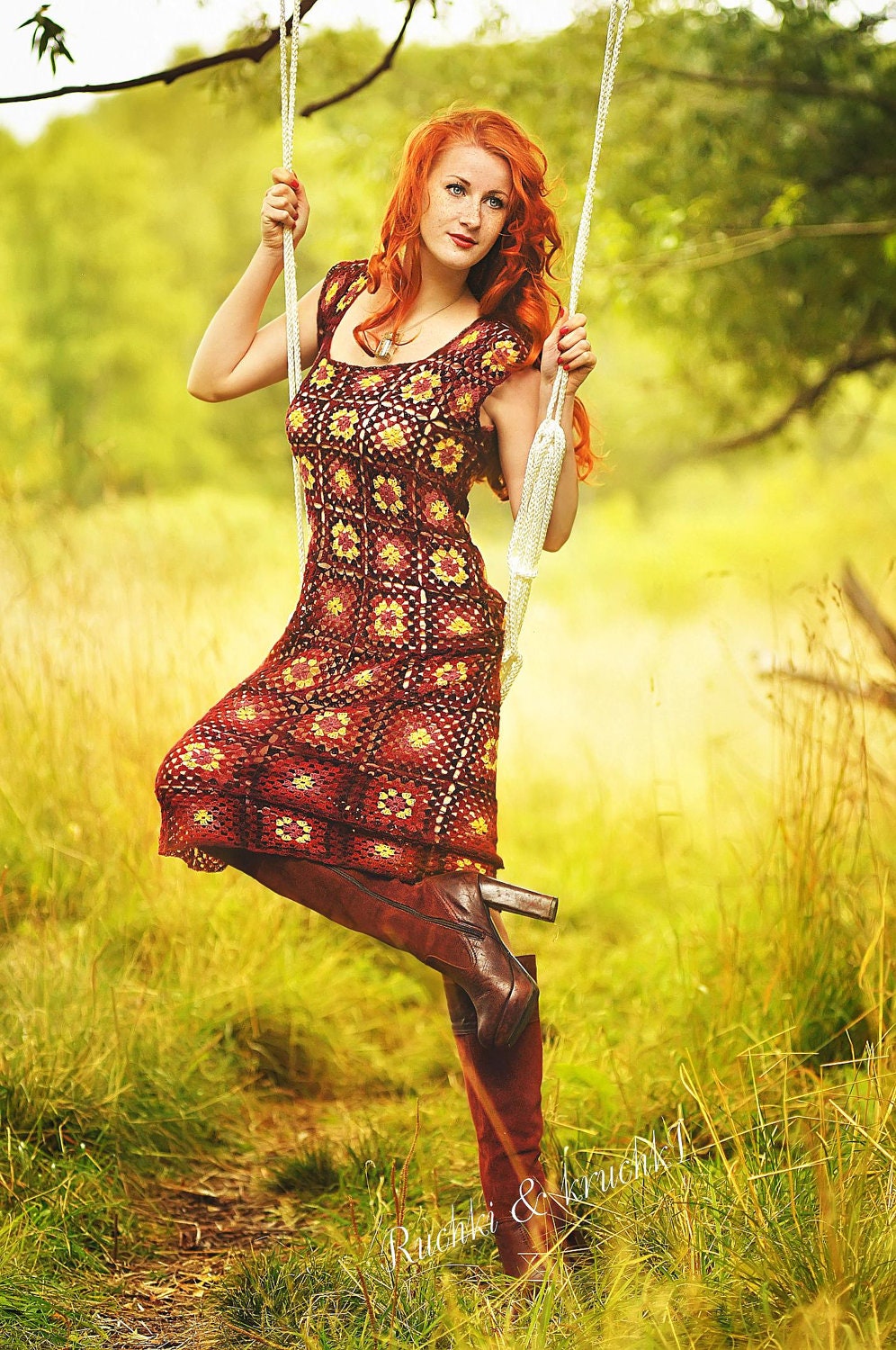 RESERVED Dress Crochet lace Granny square Boho Hippie Short sleeves "Chocolate, cherry, cinnamon and vanilla" in pure hand dyed cashmere