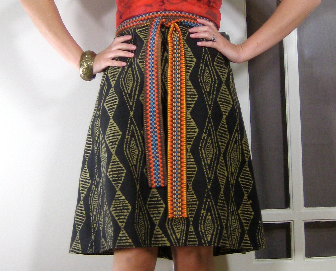 BATIK WRAP SKIRT - black and gold, geometric print, diamond pattern, african print, a-line knee lengths skirt, adjustable waist, tribal