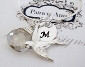 Personalized Initial Necklace - Sterling Silver Swallow Charm - Bird Jewelry - Swarovski Crystal Briolette