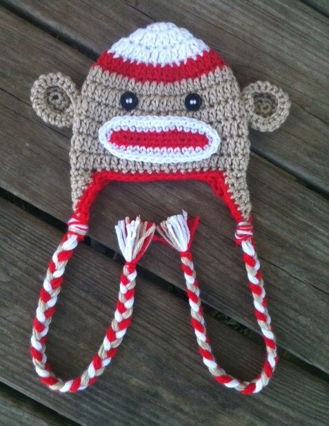 Baby Child's Crochet Sock MONKEY Tan Red White Earflap Hat With Braids -- Sizes: Newborn to 10yrs-- Adorable Photo Prop